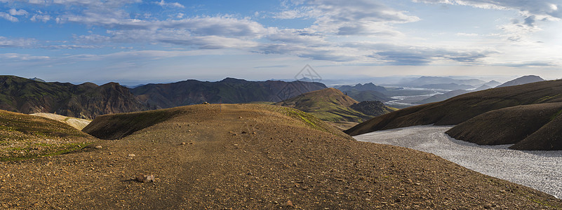 五颜六色的 Rhyolit 山全景与多彩多姿的火山和地热喷气孔和河流三角洲 冰岛高地 Fjallabak 自然保护区的日出苔藓自图片