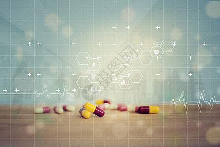 医疗医疗操作系统医疗保健概念 带有图标医疗保健医疗和胶囊的木块放在木制桌子上 健康和医疗保险处方商业制药世界治疗服务帮助退休药品图片