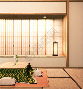 高松低桌和枕头放在塔塔米垫上 Japan3D室红色渲染房间桌子旅行家具仪式榻榻米旅游旅馆茶壶图片