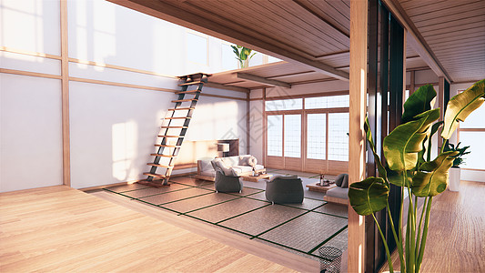 一楼一楼的二层房子里 日式内室内舒适木头会议桌子窗户两个故事家具装饰地面办公室图片