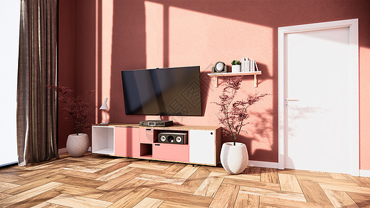 粉色墙电视橱柜和展示粉红色萨库拉的日本内地装饰建筑学风格公寓桌子家具小样吉他樱花编辑背景