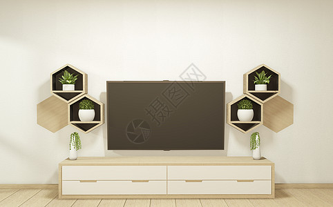 墙壁和木板f上装有木制六边形砖瓦的木纸柜电视机小样电视内阁风格手表瓷砖桌子渲染单元智能图片