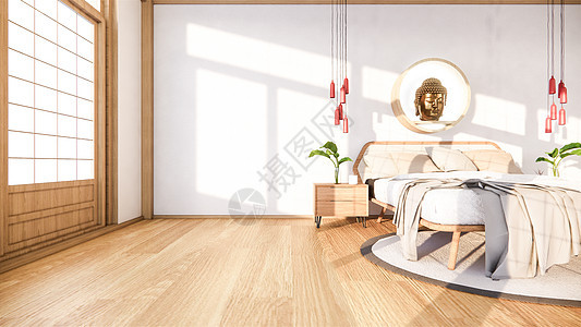 卧室装上木床 用日本最起码设计渲染桌子植物窗帘软垫地面嘲笑枕头房间框架背景图片