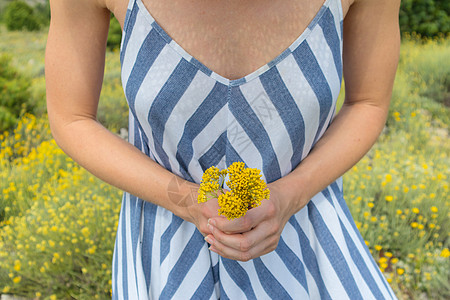 在克罗地亚亚得里亚海沿岸自然的美丽自然中 身穿条纹夏装 野花盛开的年轻女性躯干 手持黄色花束图片