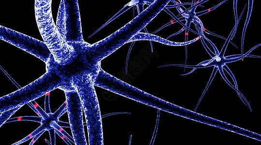 黑色背景下神经元的 3D 渲染 许多神经细胞在背景中发出红光 背景很清楚图片
