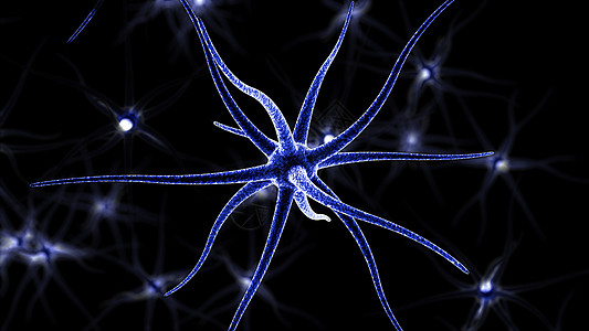 黑色背景下神经元的 3D 渲染 背景模糊 焦点在前面图片