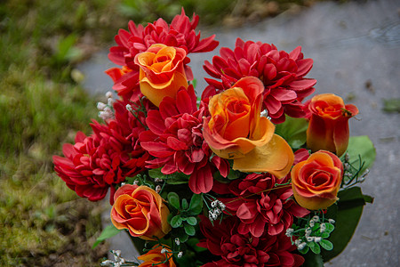 红黄色花朵玫瑰鲜花问候语花瓣橙子绿色红色花束图片