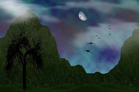 神秘大自然印象派艺术乌鸦月光场景插图飞行帆布天空风景图片