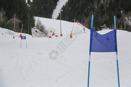 冬季阿尔卑斯山滑雪村庄高山松树风景蓝色房子小屋天空建筑图片