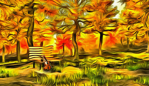 秋季音乐森林印象旋律小提琴木头交响乐公园季节音乐家绘画图片
