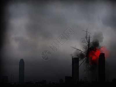 神秘烟雾阴影绘画黑色房子星星天空摩天大楼建筑物苦恼红色图片