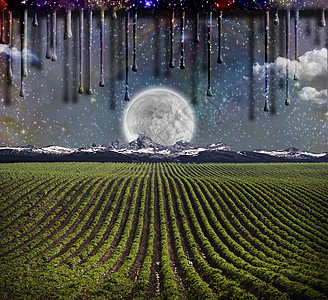 绿行月亮魔法场地3d日落农场艺术天空场景渲染图片