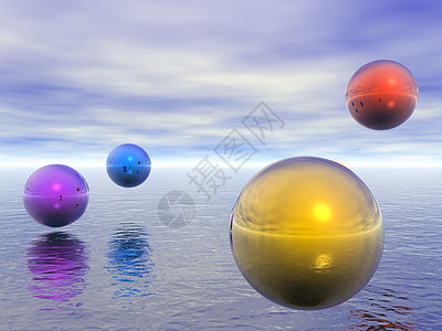 色彩多彩的球层金属天空海洋曲线魔法风景金子反射圆圈艺术图片