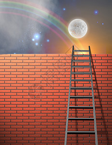 爬梯子商务男梯子靠在有天空的墙上成功天堂彩虹逆境月亮作品生长动机商业进步背景