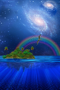 热带漂浮岛屿椰子插图地球彩虹悬浮石头海滩树木巨石星系背景图片