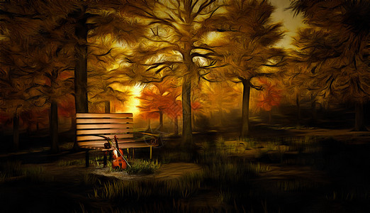 秋季音乐绘画乐器交响乐印象派旋律公园细绳季节阳光笔画图片