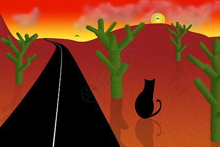 荒沙漠道路小路植被阳光黑猫航程车道插图荒野身体旅行图片