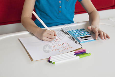 写书做功课的女孩的中心金发小学生服装沙发学校休闲计算器写作学习女性图片