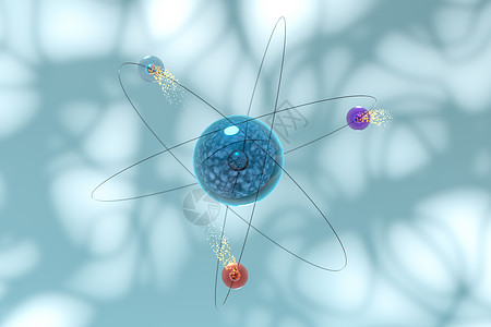 有蓝色有机背景的原子球体 3D感应戒指力量电子轨道漩涡物理踪迹活力质子纳米图片