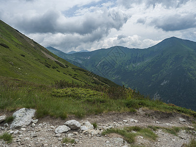 美丽的山景 郁郁葱葱的绿草 矮小的灌木松和光秃秃的山峰 西塔特拉山 Rohace 斯洛伐克 夏季戏剧性的云天背景矮人丘陵擦洗顶峰图片