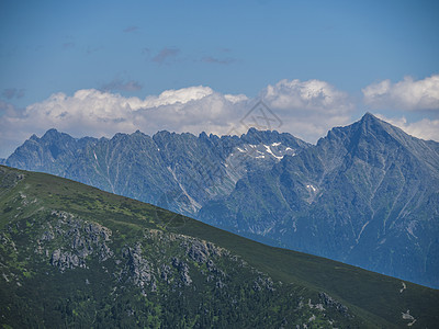 西塔特拉山脉或罗哈斯的山景 从巴拉内克的远足小径可以看到高塔特拉山和克里万峰 锋利的绿草如茵的落基山峰与灌木松和高山花卉草甸 夏图片