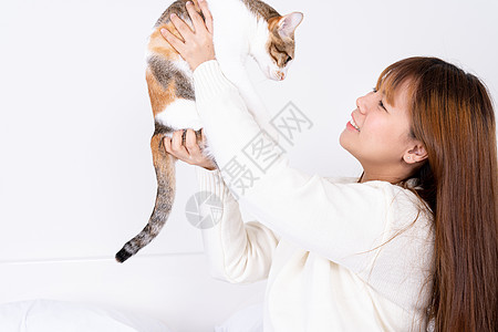 家里的女人抱着她可爱的毛绒猫 多彩小可爱的小猫 宠物和生活方式概念女孩动物朋友喜悦女性女士头发感情毛皮友谊图片