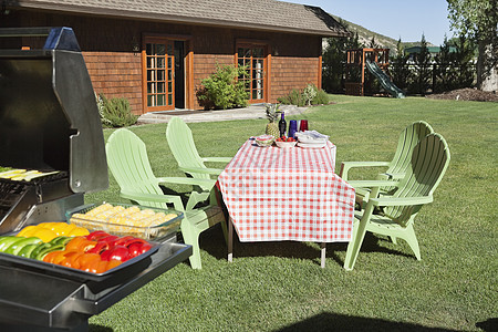 在乡间房子前面草坪上用烧烤烤烤烤烤肉的餐桌和椅子后院草地露台派对朋友们篮子野餐居家午餐度假图片