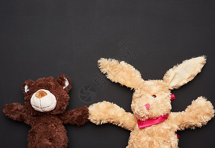 长耳朵的兔子玩具和棕熊在大嘴上图片