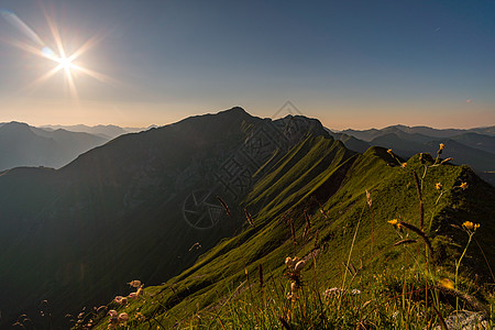 在阿尔卑斯山的日落巡游假期顶峰岩石农村爬坡旅游旅行阳光太阳光草地图片