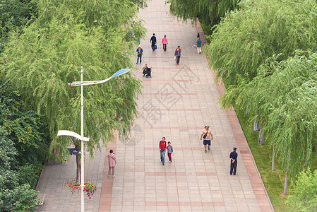 一条行人街道的视图路灯城市行人人群公园树木绿色背景图片