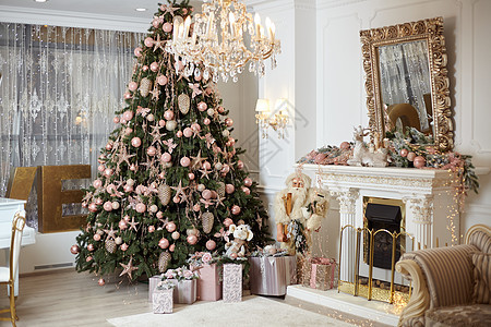 圣诞树站立起的客厅内地靠近壁炉礼品盒的地方 位于常青林附近的地毯上毯子房间装饰礼物假期盒子窗户庆典风格公寓图片