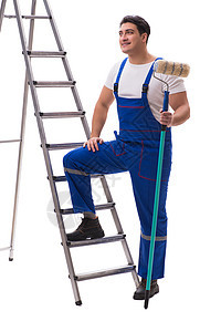 白种背景孤立的年轻画家合同包商滚筒男人梯子装潢绘画工具建设者装潢师工人工作服图片
