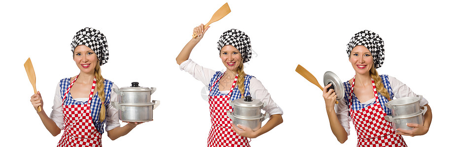 女性厨师孤立在白色背景上盘子厨房女孩服务食物钢包勺子美食餐厅午餐图片