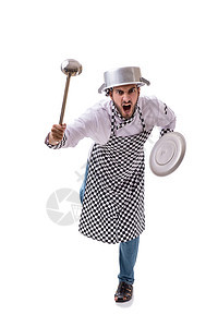男性厨师孤立在白色背景上头盔煎锅男人工作午餐攻击食物餐厅桌子厨房图片