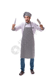 男性厨师孤立在白色背景上桌子围裙男人厨房职业平底锅菜刀美食工作丈夫图片