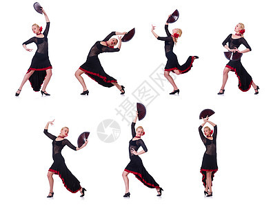 女性在西班牙舞蹈中跳舞 孤立于白色演员芭蕾舞嘉年华戏服拉丁舞蹈家拼贴画裙子热情音乐图片