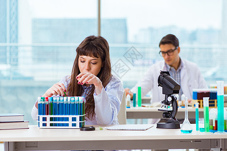 两位实验室实验的化学家显微镜检查药品物质化学细菌研究员生物学科学班级图片