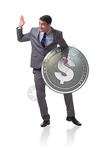 用美元硬币在白色背景上被孤立的商务人士图片