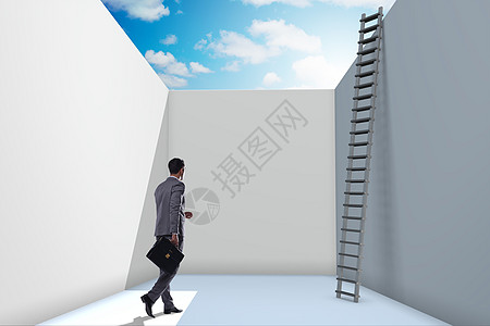 商务人士为了逃避问题而爬上梯子帮助成就经理自由商务人士员工职业障碍陷阱图片