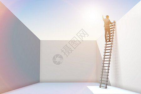 商务人士为了逃避问题而爬上梯子商务危险工人员工障碍战略动机生存脚步危机图片