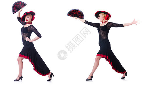 女性在西班牙舞蹈中跳舞 孤立于白色热情扇子音乐衣服女孩拼贴画戏服裙子芭蕾舞牙裔图片