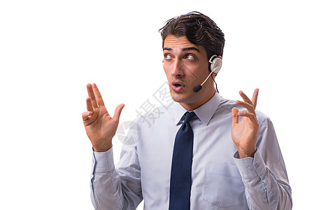 在白色背景上与耳机隔离的男子助手操作员热线电话顾问电话销售帮助麦克风营销服务台图片