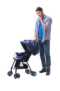 年幼父亲与孩子的Pram在白边被孤立关系亲子孩子们大车身份思维男人学生椅子婴儿车背景图片