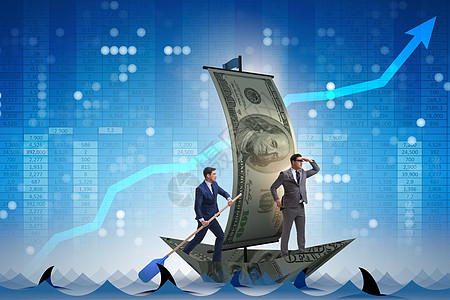 在商业金融概念中商家在美元船上划船银行业现金收益信用风险运输经济预算银行货币图片