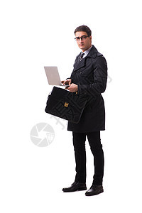 年轻商务人士 用笔记本电脑在白色背景上被孤立领导者员工裙子管理人员工人经理工作商业通勤者办公图片