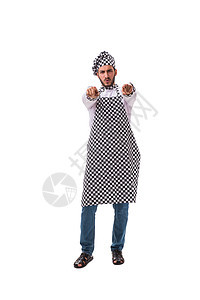 男性厨师孤立在白色背景上食物职业餐厅帽子美食桌子厨房午餐平底锅工作图片