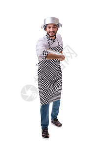 男性厨师孤立在白色背景上盘子男人平底锅厨房丈夫午餐头盔煎锅职业食物图片