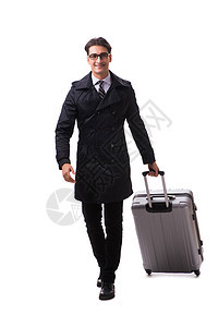 年轻商务人士 行李箱已准备就绪 可乘坐白色的商务旅行树干商业员工外套管理人员乘客人士游客套装工作图片