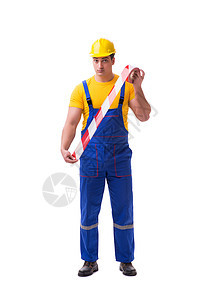 穿着带胶带的封条的有趣工人领班障碍建设者男人维修工具危险建筑劳动承包商图片