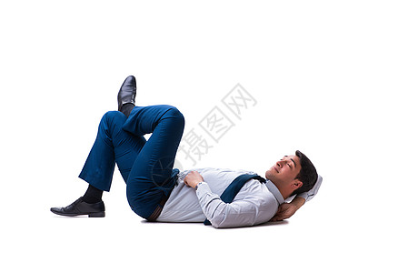 商务人士躺在地上 孤立在白色的职业地面经理工人享受代码领导者领导工作商业图片